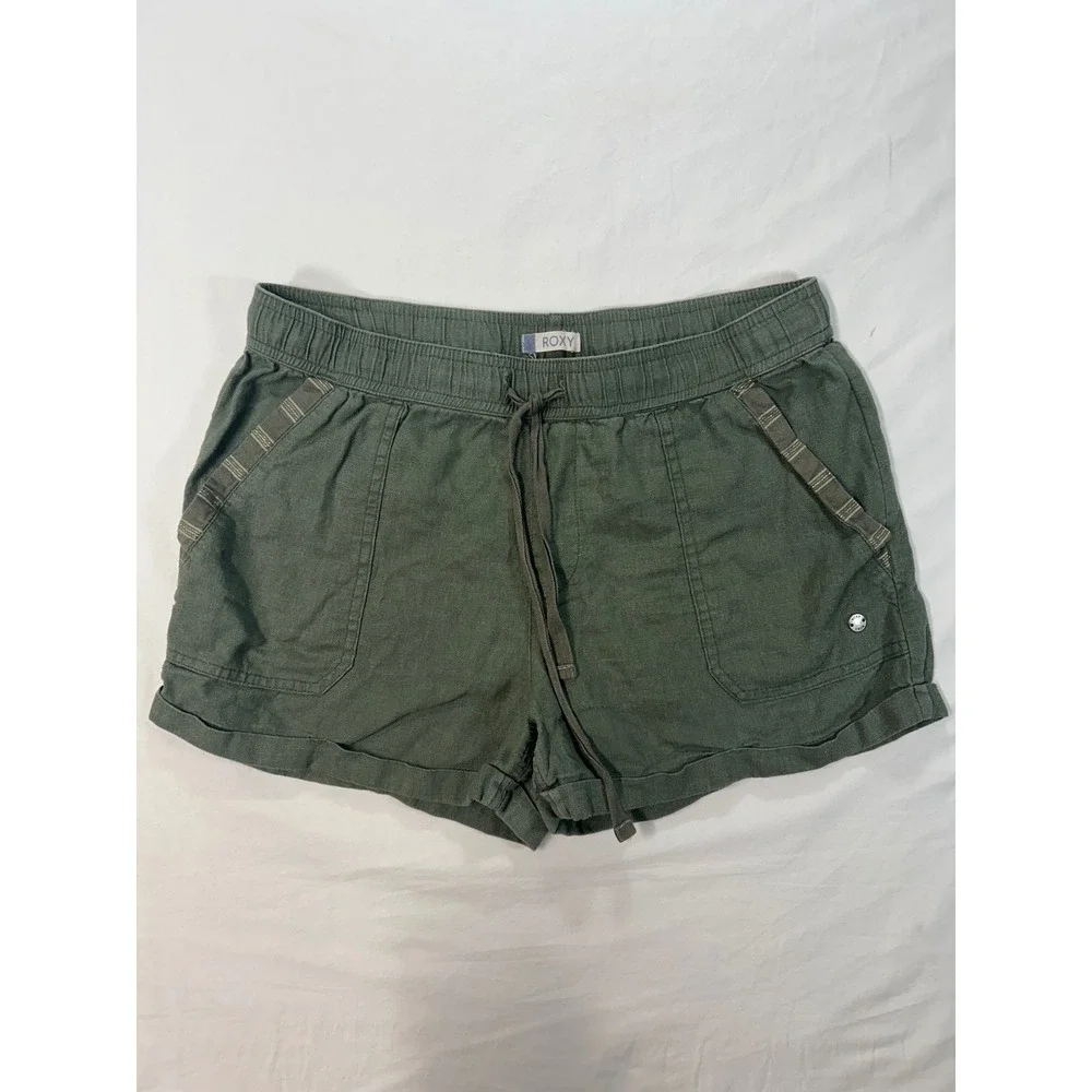 Roxy Boho Women Olive Green Linen Blend Drawstring Shorts Sz Med Pocketed Beach